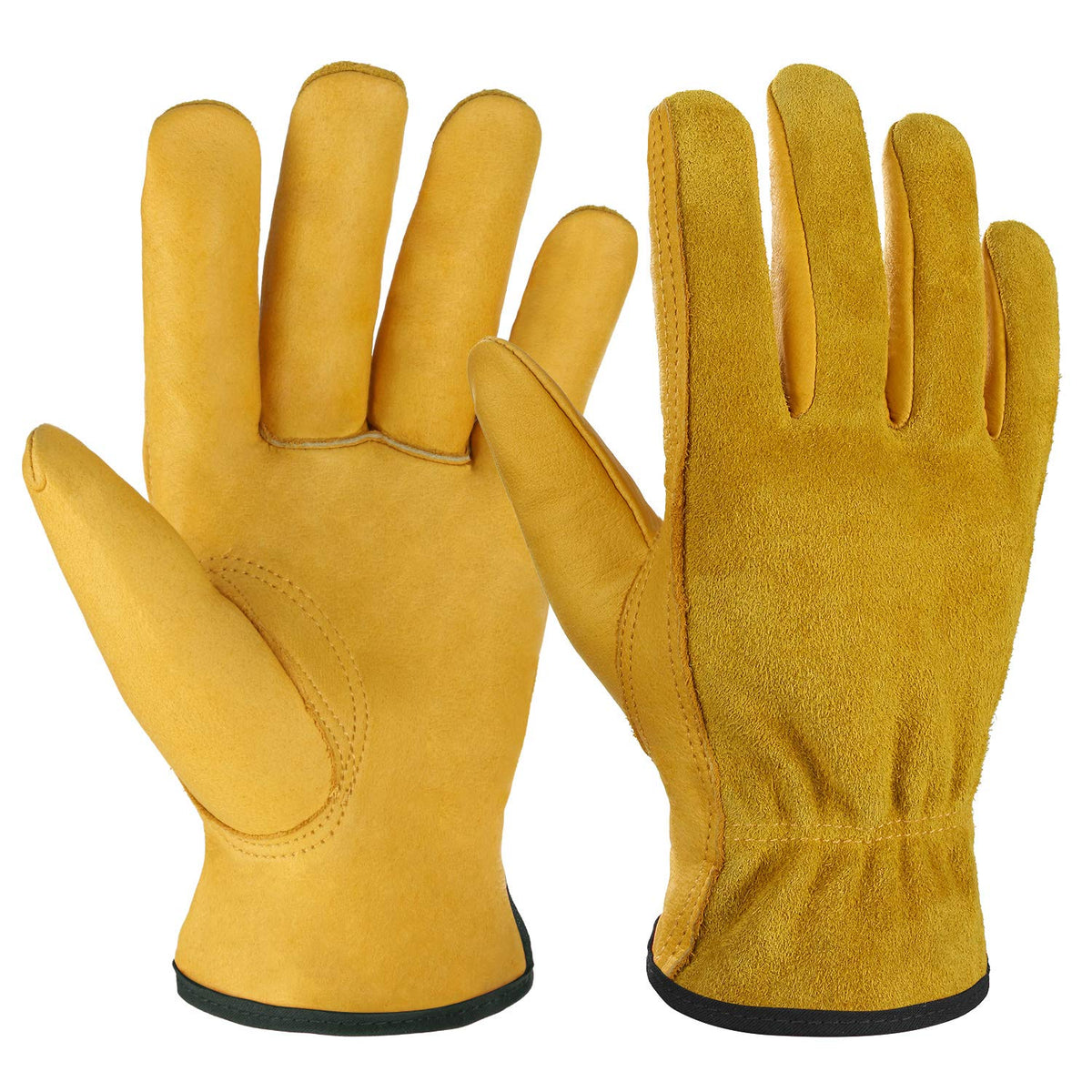 OZERO Leather Work Gloves Flex Grip Tough Cowhide Gardening Glove for Wood Cutting/Construction/Driving/Garden for Men and Women 1 Pair (Gold,Large)