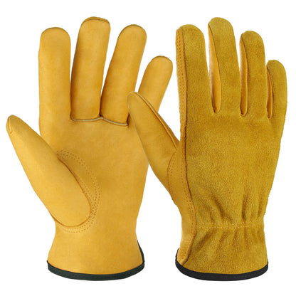 OZERO Leather Work Gloves Flex Grip Tough Cowhide Gardening Glove for Wood Cutting/Construction/Driving/Garden for Men and Women 1 Pair (Gold,Large)