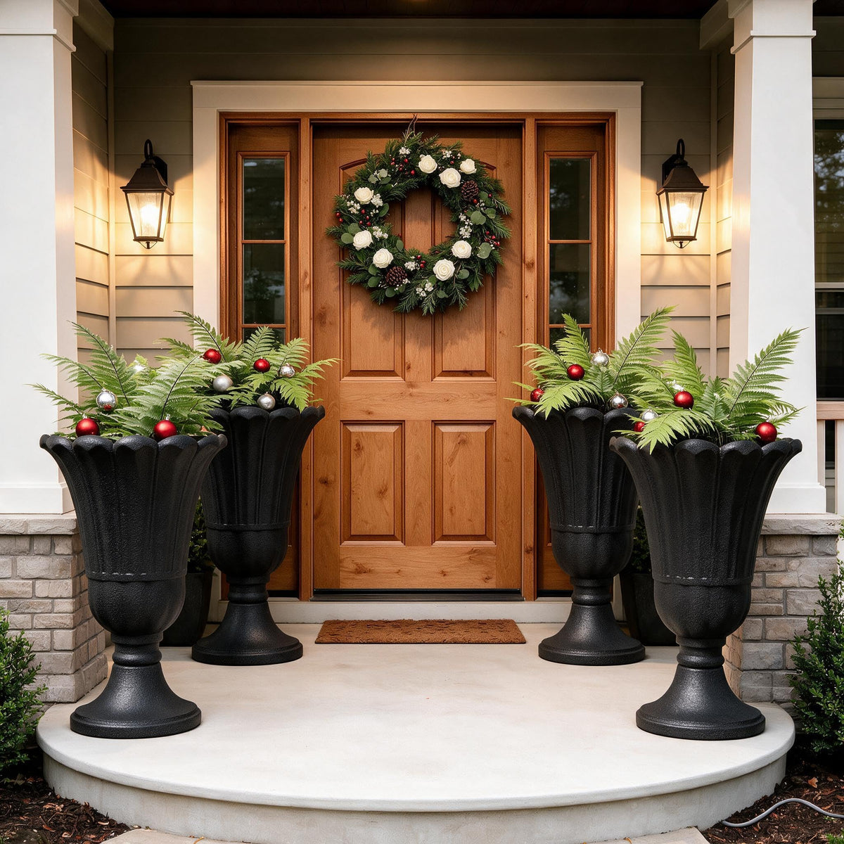 Tall Plastic Urn Planters and Pedestal - 24" Outdoor Planter Beige