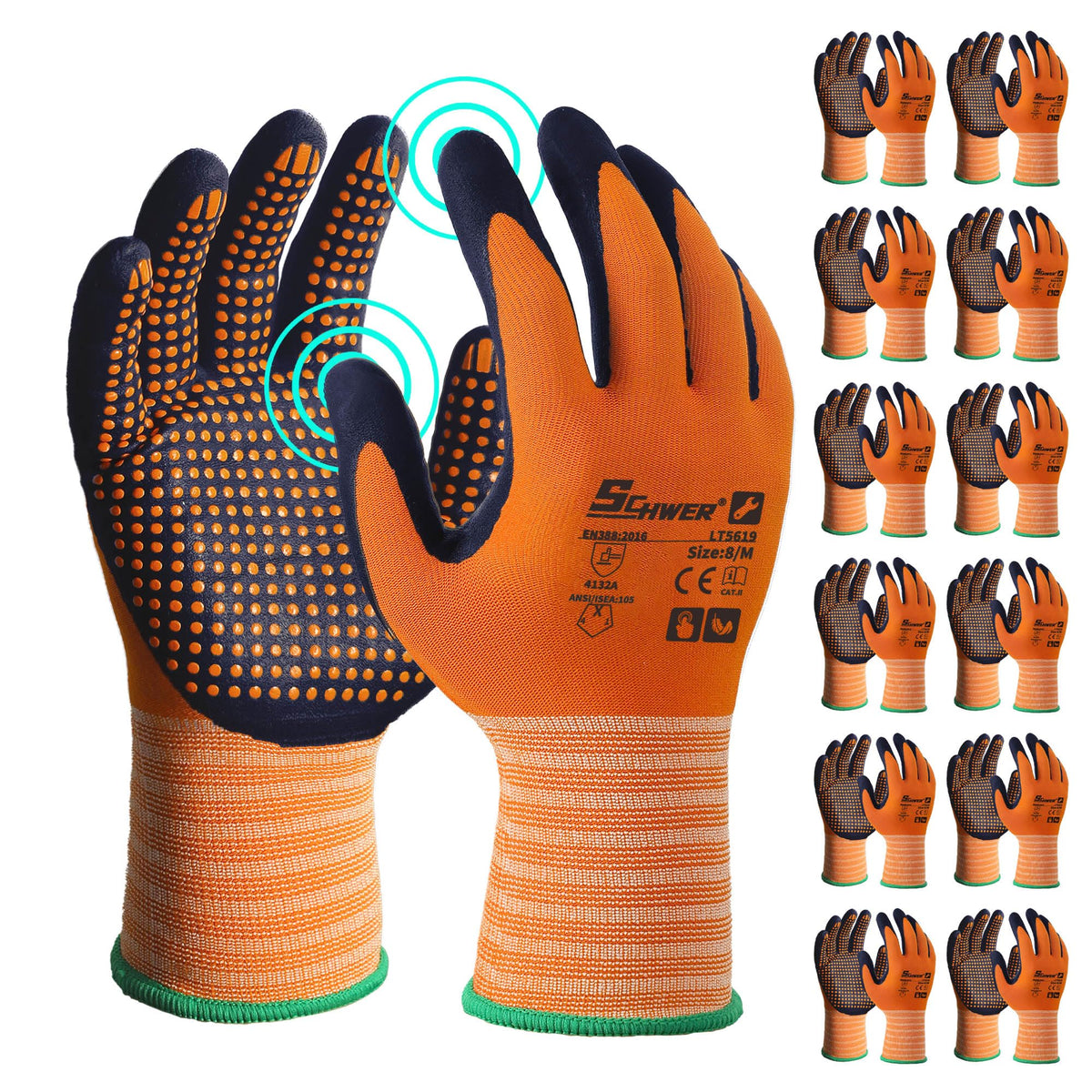 Schwer 3/6/12 Pairs Safety Work Gloves, MicroDot Abrasion & Grip, LT5619, L
