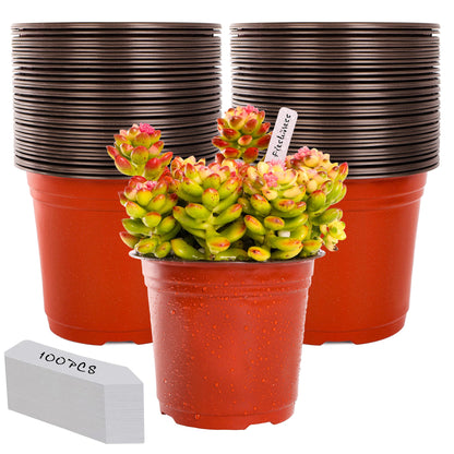 LWWTBS 4" Plastic Plant Nursery Pots 100 Pcs with 100 Labels