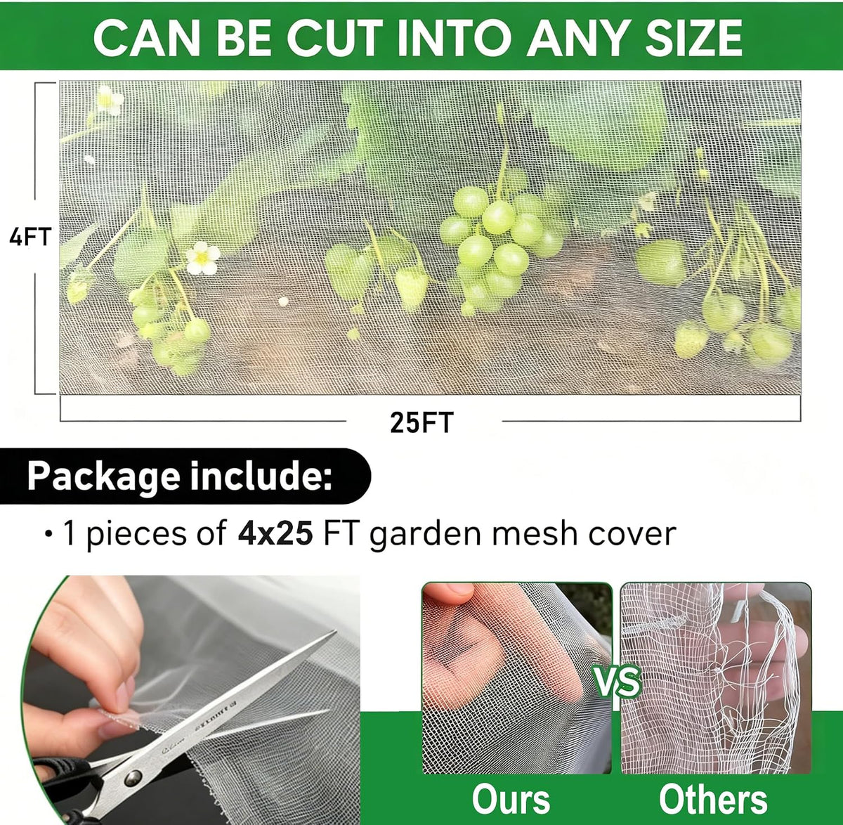 Garden Netting Pest Barrier 4x25FT Ultra Fine Insect Netting for Garden Raised Beds, Plant Net Mesh Cover for Garden Protection, Bird Bug Net, Greenhouse Row Cover Nets for Vegetables Fruits Flowers
