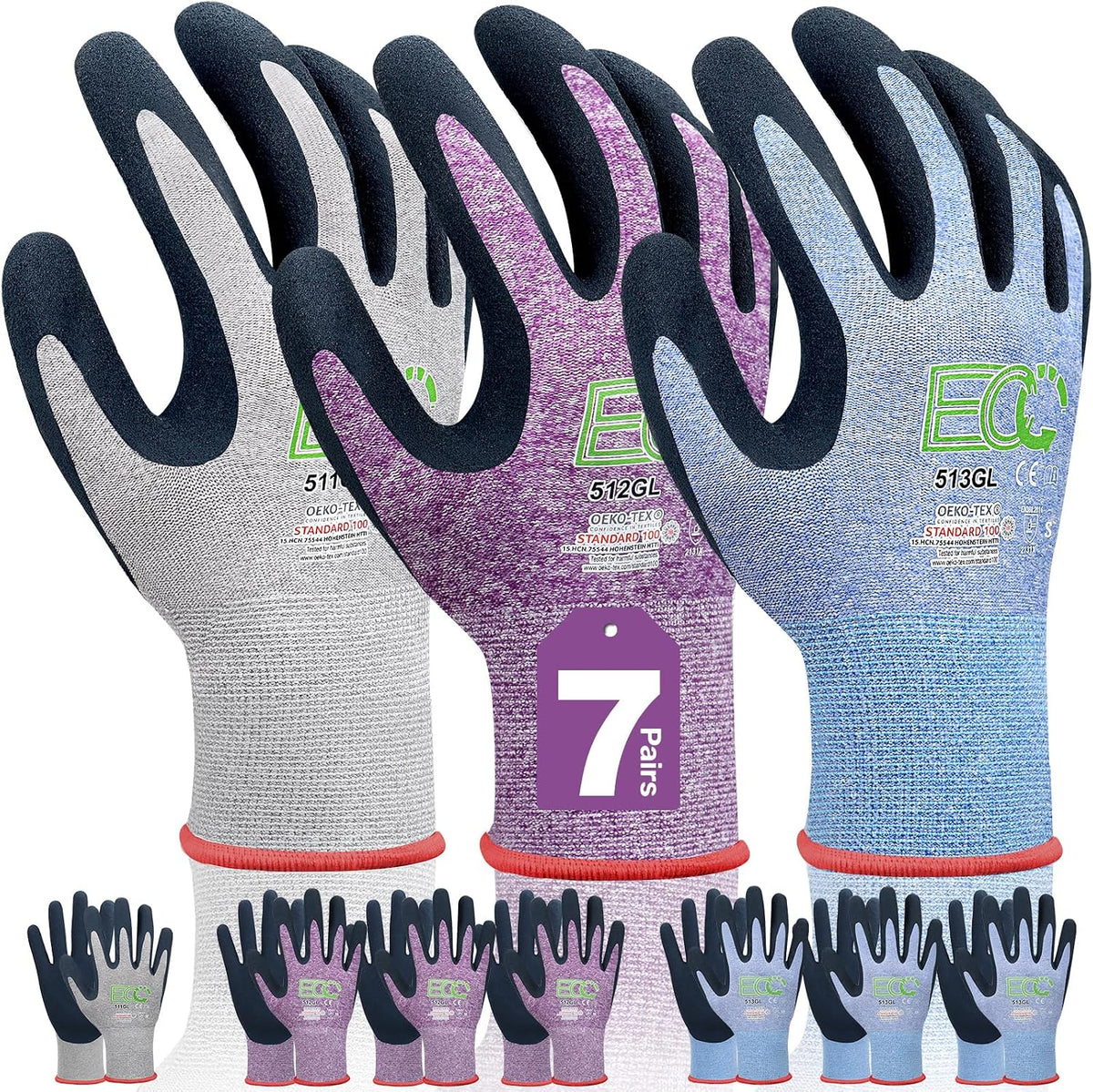 7 Pairs Women Gardening Gloves, EN388 2131X Outdoor Protective Work Gloves with Breathable Micro-Foam Coating for Gardening, General Purpose, Courtyard, 3 Purple + 3Blue +1 Grey