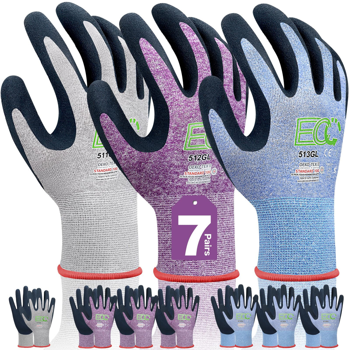 7 Pairs Women Gardening Gloves, EN388 2131X Outdoor Protective Work Gloves with Breathable Micro-Foam Coating for Gardening, General Purpose, Courtyard, 3 Purple + 3Blue +1 Grey