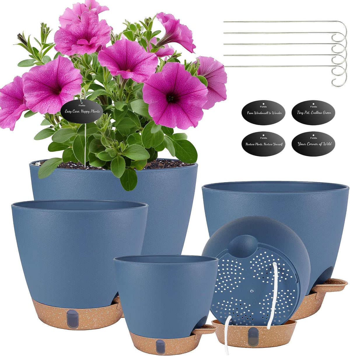 Self Watering Pots for Inoor Ourdoor Plants 8/7/6.5/6/5" Plastic Planters