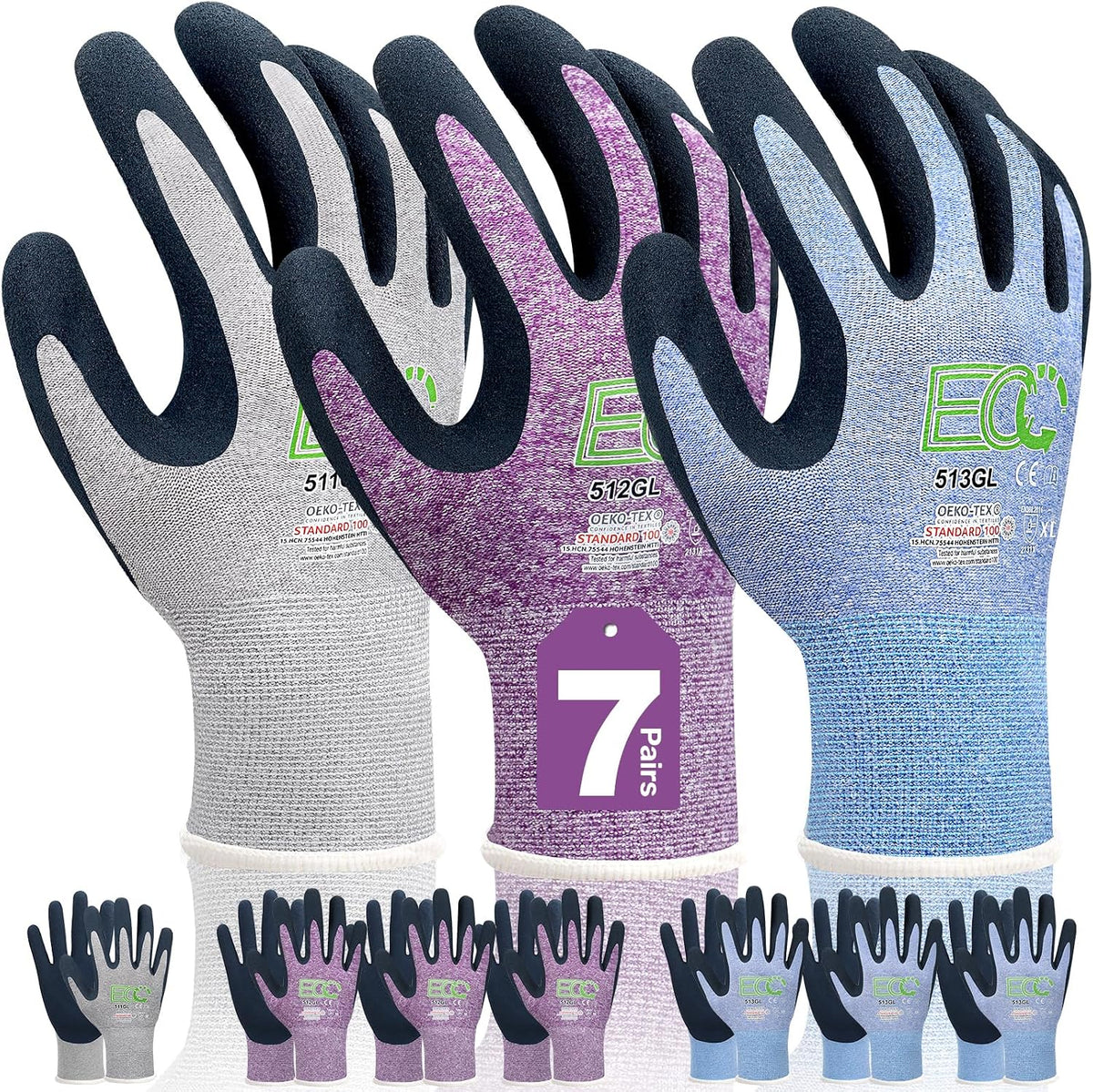 7 Pairs Women Gardening Gloves, EN388 2131X Outdoor Protective Work Gloves with Breathable Micro-Foam Coating for Gardening, General Purpose, Courtyard, 3 Purple + 3Blue +1 Grey