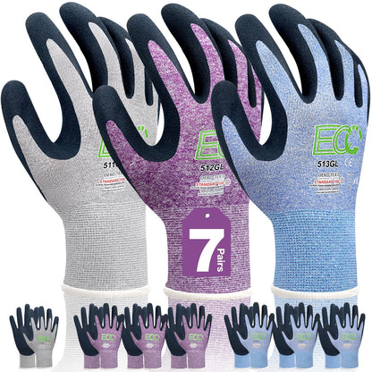7 Pairs Women Gardening Gloves, EN388 2131X Outdoor Protective Work Gloves with Breathable Micro-Foam Coating for Gardening, General Purpose, Courtyard, 3 Purple + 3Blue +1 Grey
