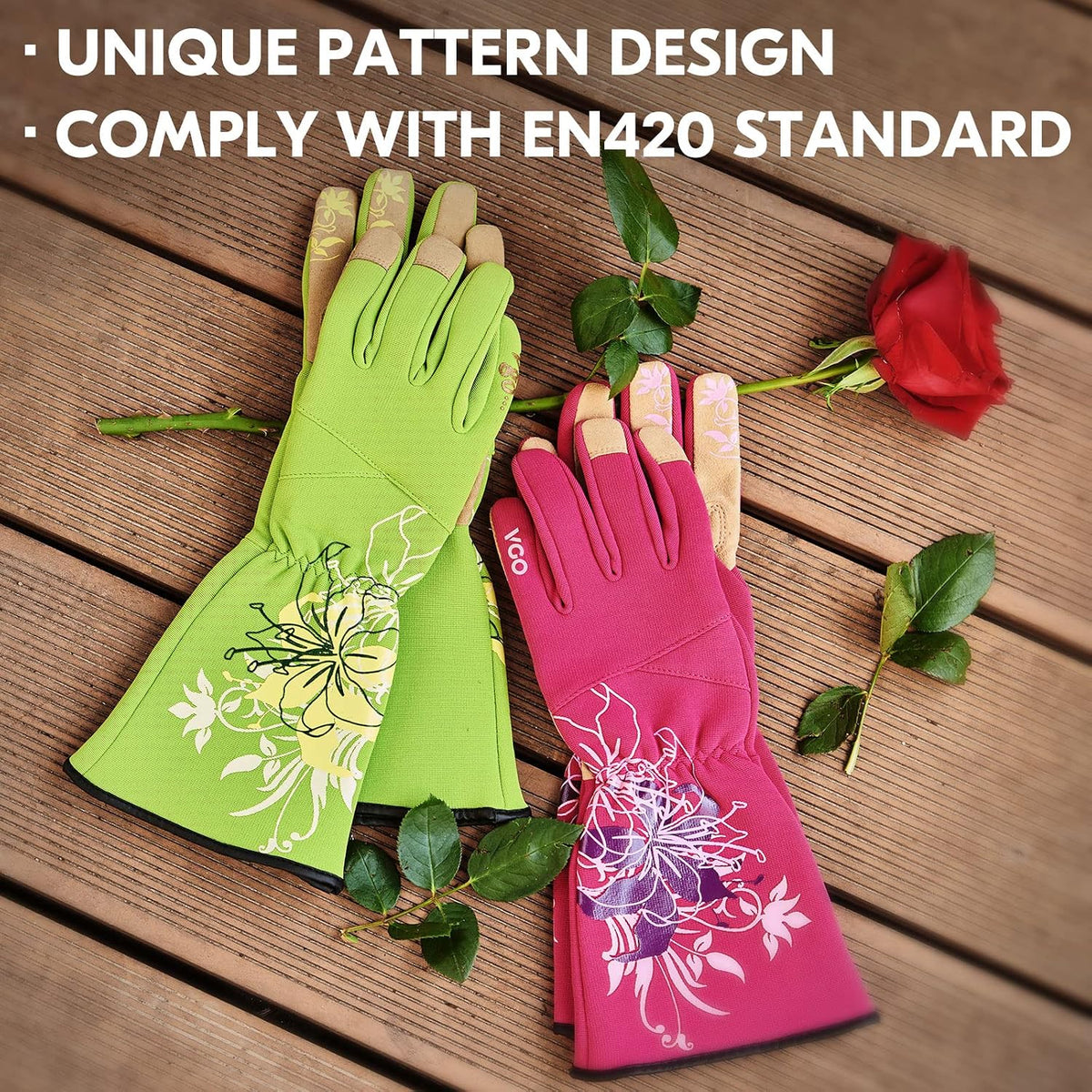 Vgo... 1-Pair Ladies' Synthetic Leather Gardening Gloves, Long Sleeves Gauntlet, Breathable & Grip Work Gloves, High Dexterity, Washable (Size L, Green, SL7445)