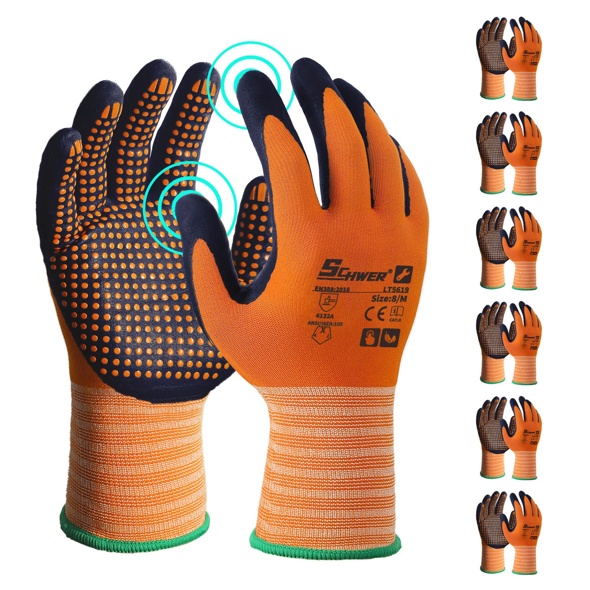 Schwer 3/6/12 Pairs Safety Work Gloves, MicroDot Abrasion & Grip, LT5619, L