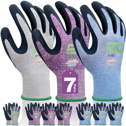 7 Pairs Women Gardening Gloves, EN388 2131X Outdoor Protective Work Gloves with Breathable Micro-Foam Coating for Gardening, General Purpose, Courtyard, 3 Purple + 3Blue +1 Grey