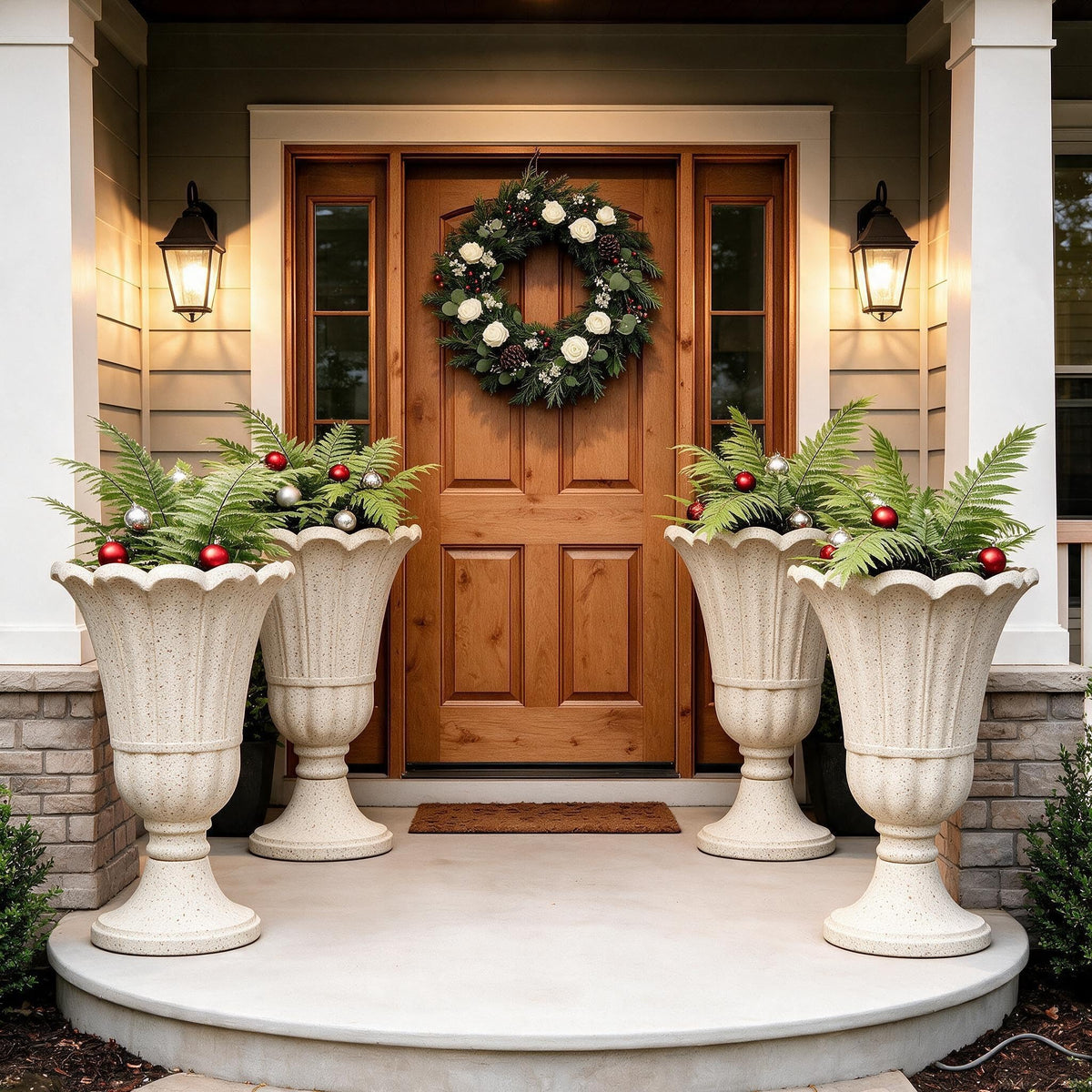 Tall Plastic Urn Planters and Pedestal - 24" Outdoor Planter Beige