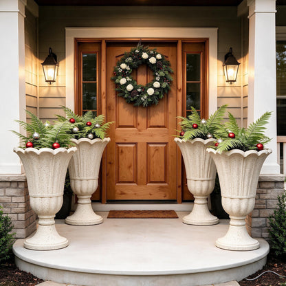Tall Plastic Urn Planters and Pedestal - 24" Outdoor Planter Beige