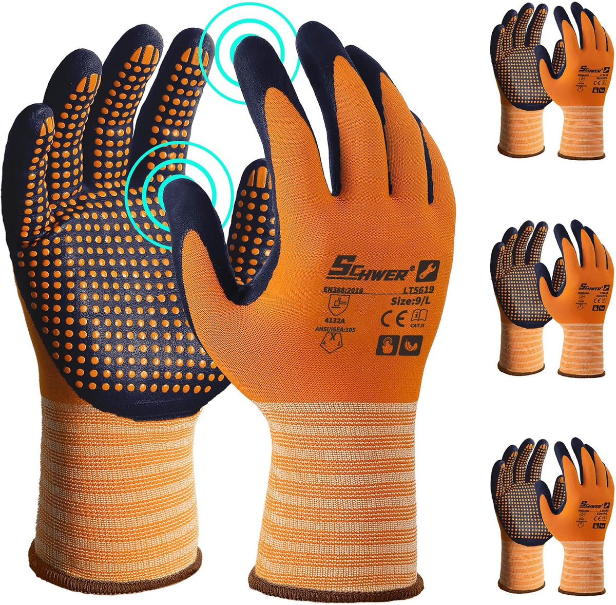 Schwer 3/6/12 Pairs Safety Work Gloves, MicroDot Abrasion & Grip, LT5619, L
