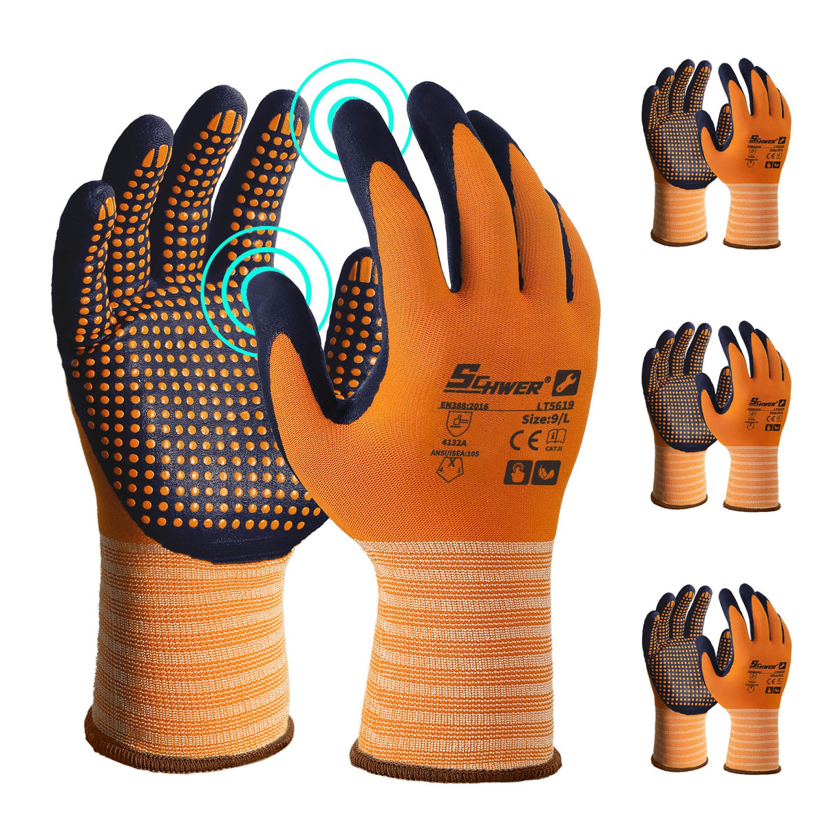 Schwer 3/6/12 Pairs Safety Work Gloves, MicroDot Abrasion & Grip, LT5619, L