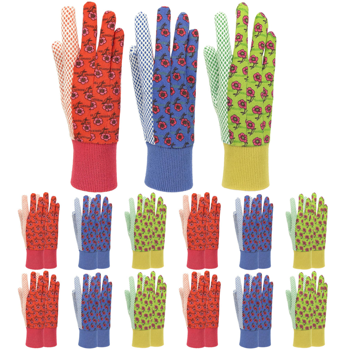 G & F Products G & F Women's Soft Cotton Jersey Gardening Gloves, Floral Print, PVC Dot Grip, Knit Wrist, Green, Red & Blue