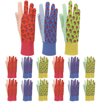 G & F Products G & F Women's Soft Cotton Jersey Gardening Gloves, Floral Print, PVC Dot Grip, Knit Wrist, Green, Red & Blue