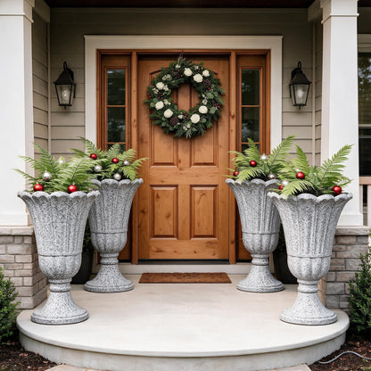 Tall Plastic Urn Planters and Pedestal - 24" Outdoor Planter Beige