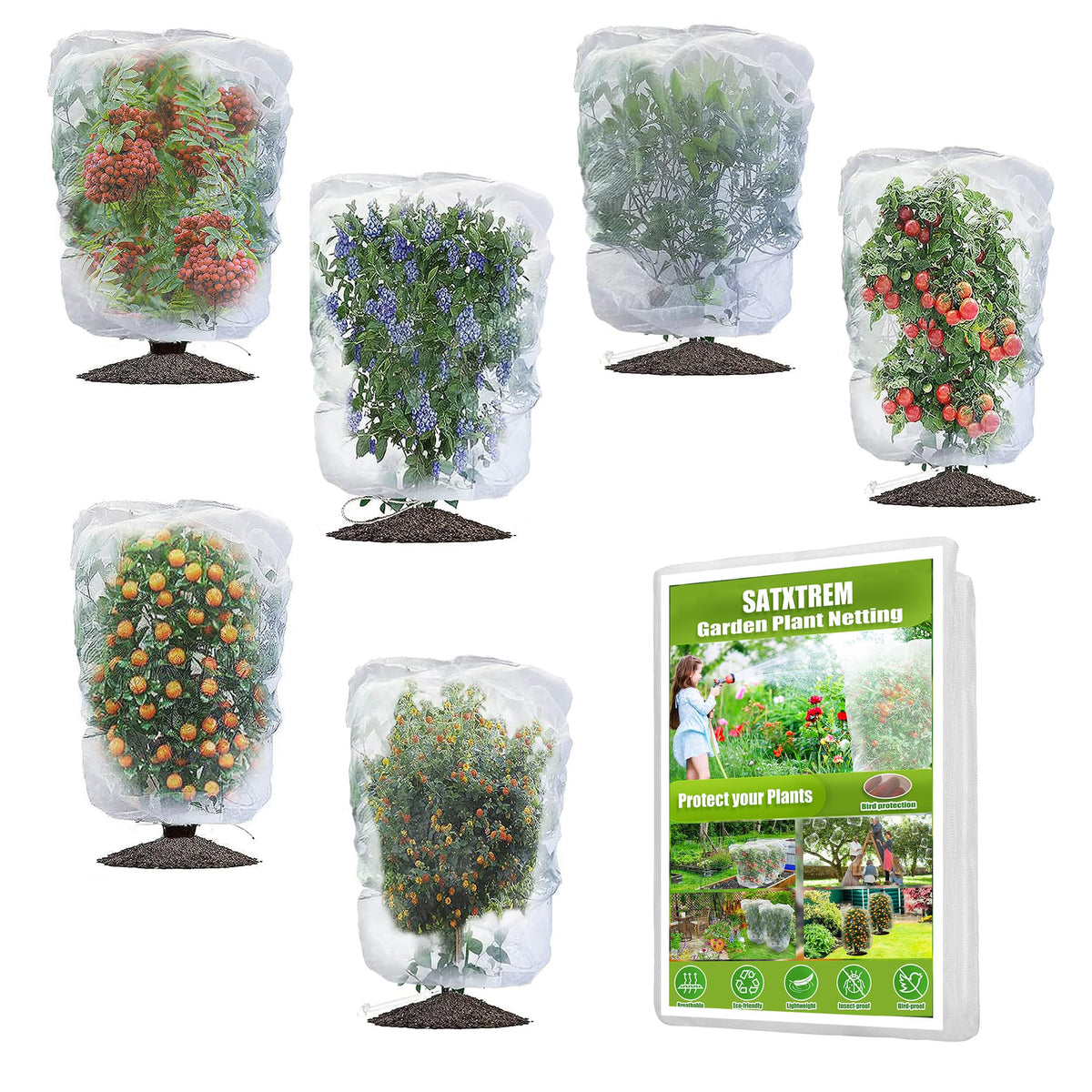 Drawstring Blueberry Netting for Bushes (4 Pack 3.28×2.62FT) - Easy Install Reusable Garden Netting, Protective Mesh for Fruit Trees & Tomato Plants, Blocks Birds, Squirrels & Insects