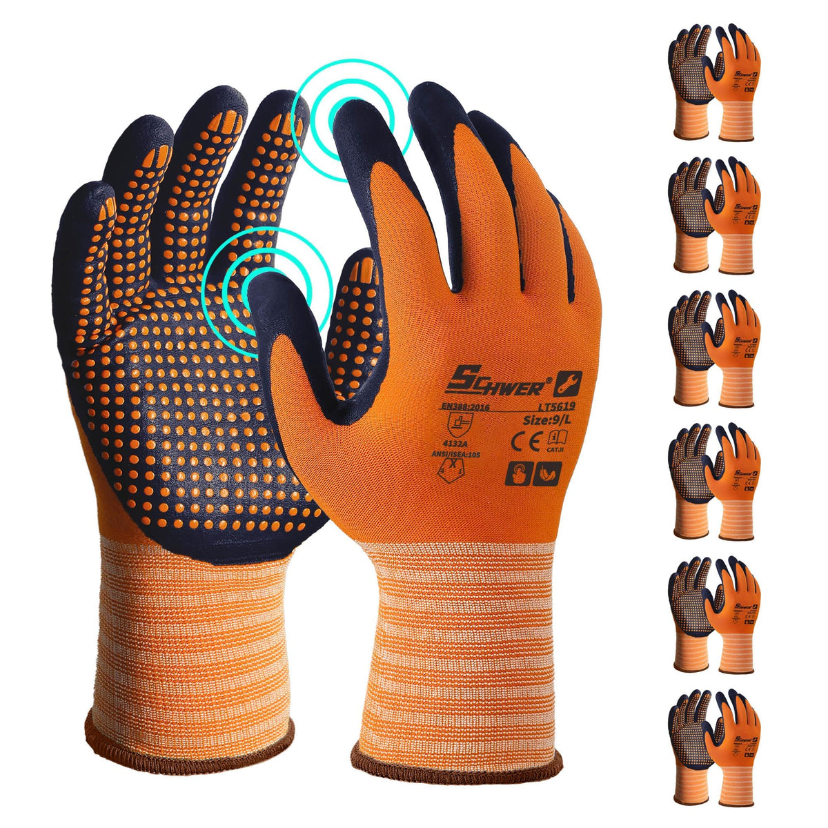 Schwer 3/6/12 Pairs Safety Work Gloves, MicroDot Abrasion & Grip, LT5619, L