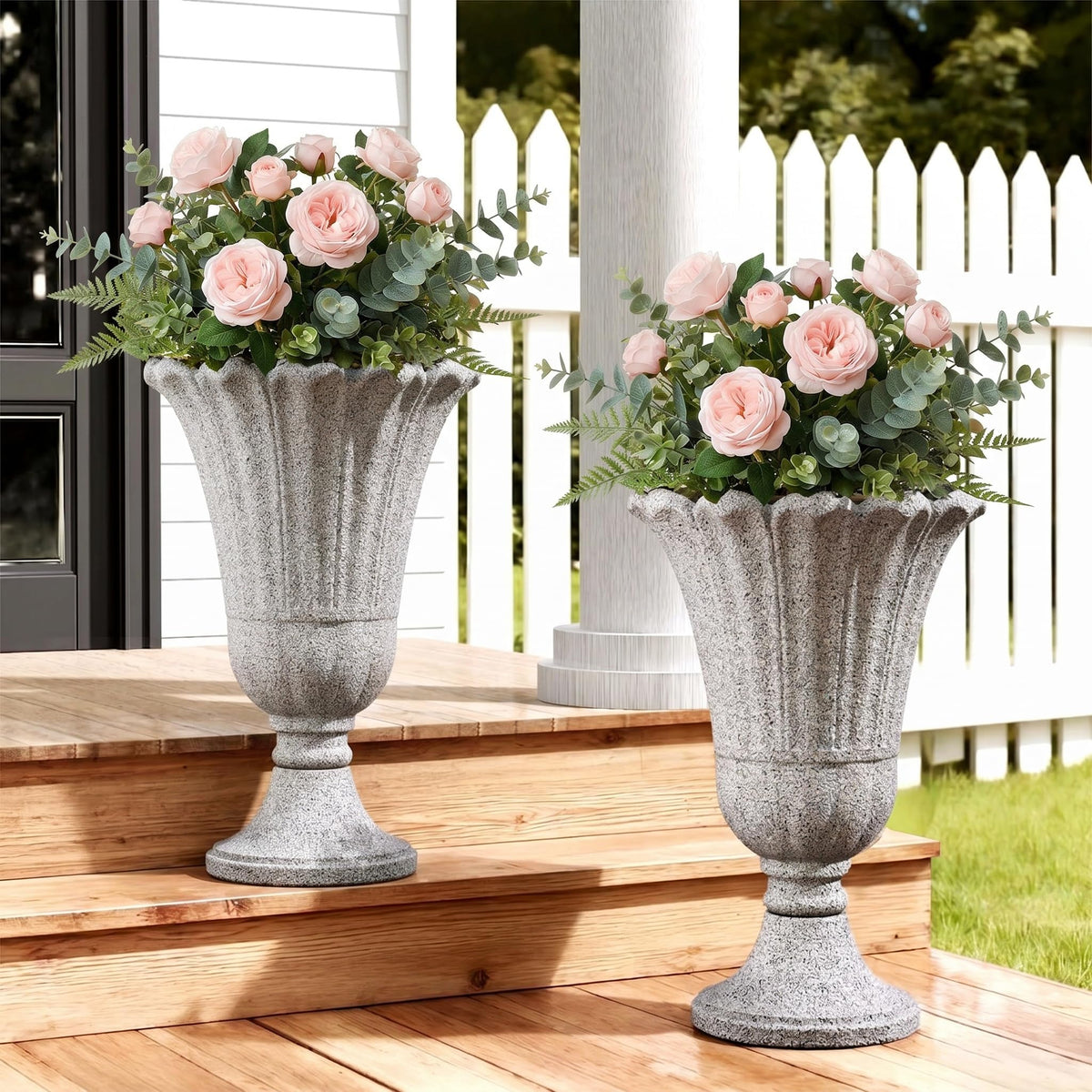 Tall Plastic Urn Planters and Pedestal - 24" Outdoor Planter Beige