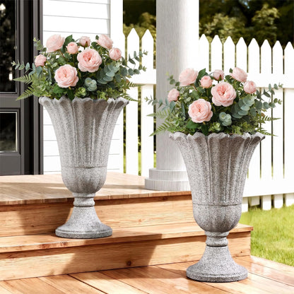 Tall Plastic Urn Planters and Pedestal - 24" Outdoor Planter Beige