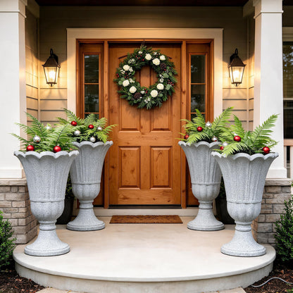 Tall Plastic Urn Planters and Pedestal - 24" Outdoor Planter Beige