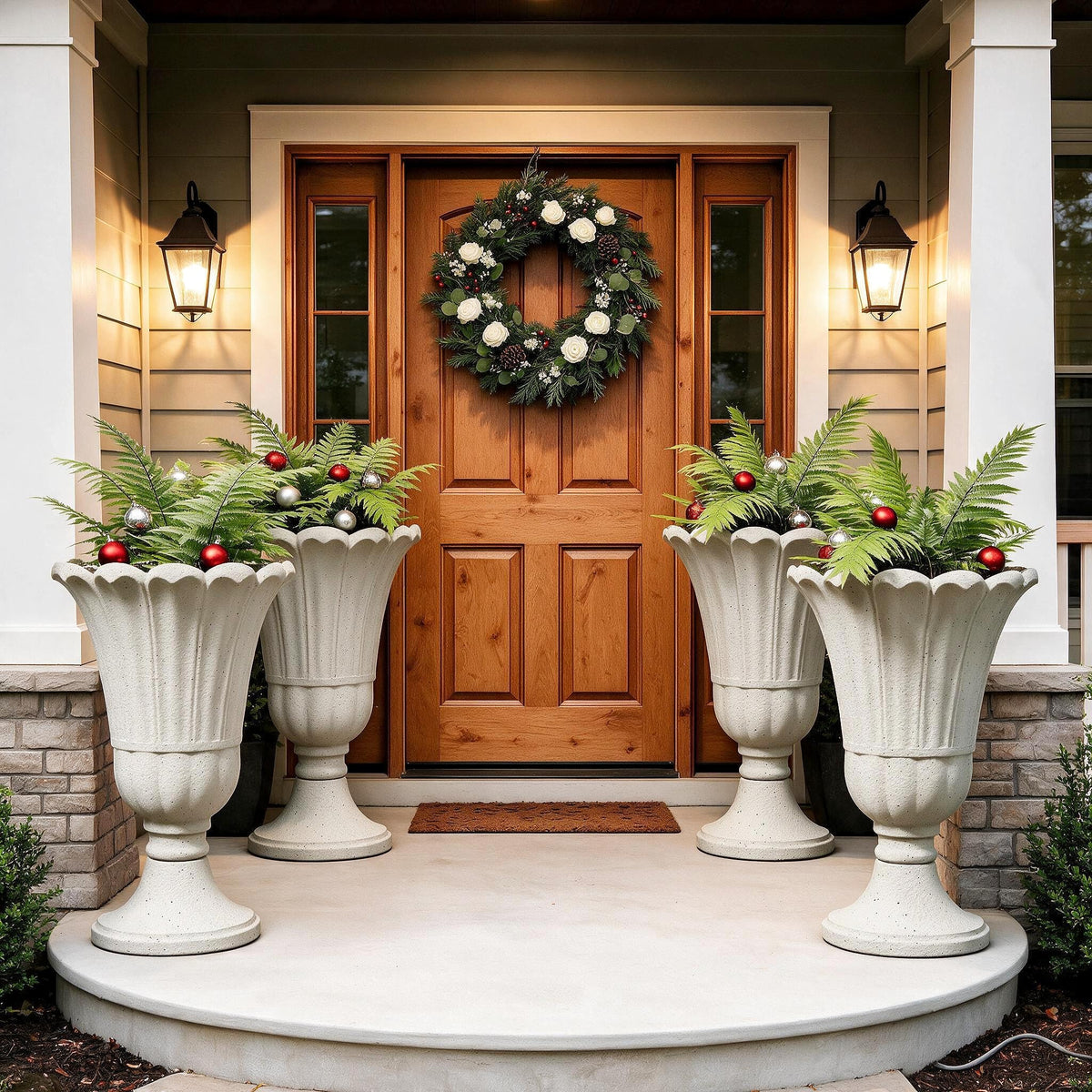 Tall Plastic Urn Planters and Pedestal - 24" Outdoor Planter Beige
