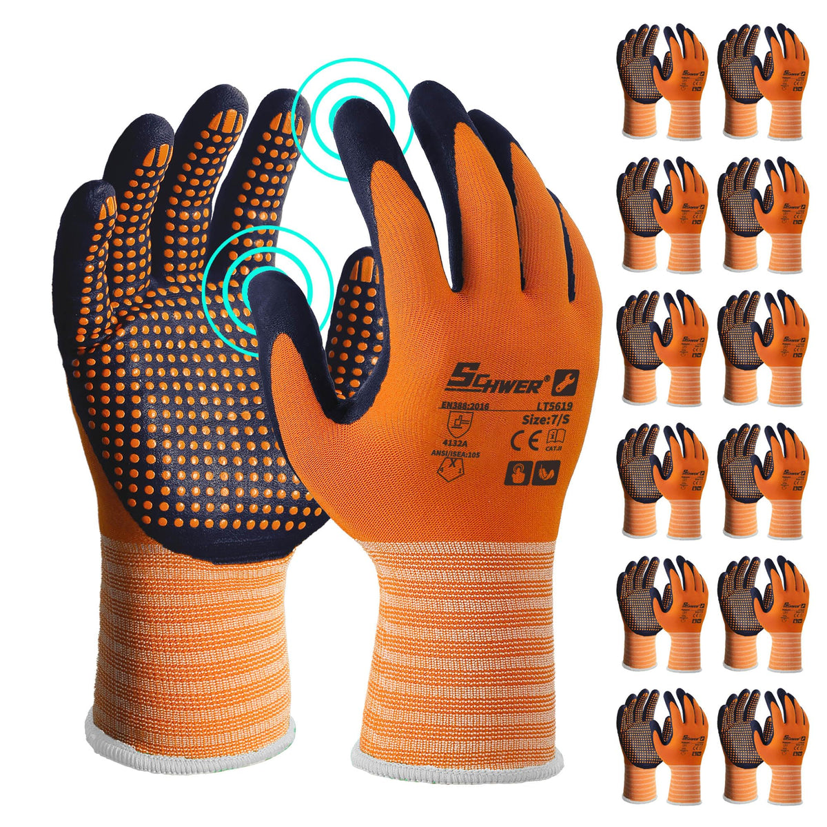 Schwer 3/6/12 Pairs Safety Work Gloves, MicroDot Abrasion & Grip, LT5619, L